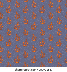 Repetitive anchors and waves. Vector seamless pattern.