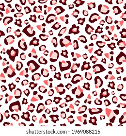 Repetitive background with tiger leopard motifs. Pink and brown seamless pattern with exotic animal print. Abstract wildlife fur texture. Fashion vector with jungle clothing material.