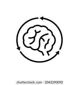 Comportamiento repetitivo, cerebro humano en flechas, icono de línea delgada. Ilustración vectorial moderna del síntoma de autismo.