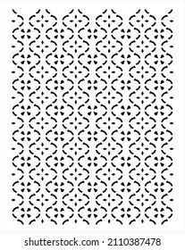 Repetitive black and white pattern with stylized scrolls