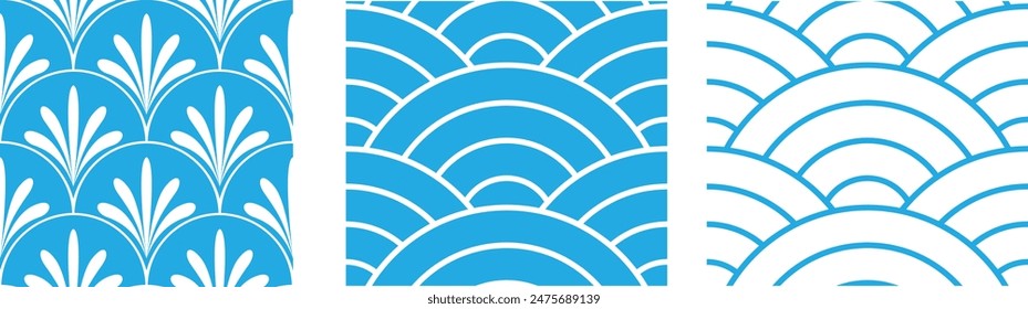 Repetitive blue white patterns exhibiting stylized art design. Asianinspired wave motifs displayed three variations. Seamless ornamental designs ideal fabric, wallpapers, backgrounds
