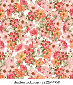 Repetitive bouquets of flowers in red, pink, orange.