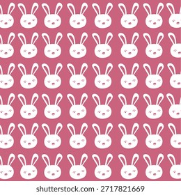 Repetitive bunny pattern on pink background Vector, illustration.This image features a charming and repetitive pattern of bunny heads against a soft pink background. Each bunny head is illustrated in a simple, cartoon-like style with white color, creating a playful and whimsical atmosphere. The bunnies are evenly spaced, forming a grid that extends throughout the image.