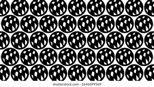 Repetitive circular black pattern featuring inner raindrop shapes, arranged in a geometric and tribal style.