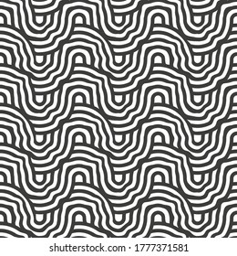 Repetitive Decorative Graphic Plexus Repetition Texture. Continuous Tileable Vector Circular Design Pattern. Seamless Fashion Optical Print Texture. Wave Art Pattern. 