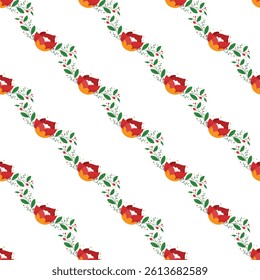 A repetitive floral pattern featuring vibrant red flowers and lush green leaves arranged diagonally. The design offers a fresh and decorative style, ideal for backgrounds, wallpapers, fabrics, 