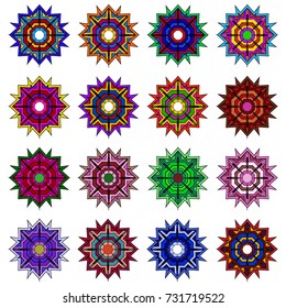 Repetitive geometric edgy star shapes - colorful ethnic fractal symbols - set of 16 vector illustrations
