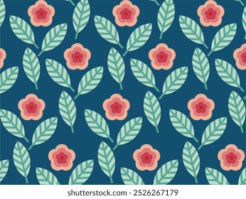 Repetitive geometric flower and leaf pattern.