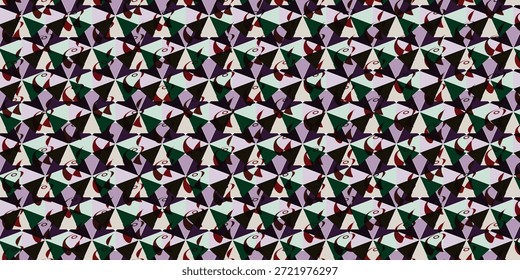 Padrão geométrico repetitivo com figuras de peixes abstratas e triângulos em verde vibrante, roxo e vermelho. Um design de fundo decorativo.