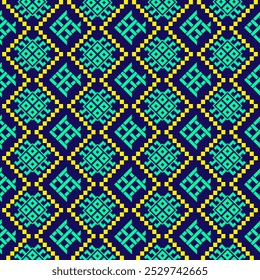 A repetitive geometric pattern composed of diamond shapes.The design is made up of cyan and yellow pixel-like squares on a deep blue background. The pattern includes both abstract vector fishes ethnic