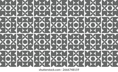 Padrão geométrico repetitivo em tons de cinza monocromático, reminiscente de azulejos clássicos ou motivos de cerâmica vintage. As formas básicas são uma combinação de círculos, pétalas e quadrados dispostos simetricamente