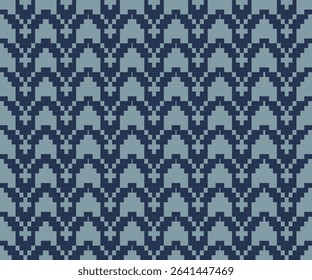 Repetitive geometric pattern in pixel format, featuring a scallop-like motif in soft denim and ocean blue. Ideal for seamless fabric, wrapping paper, or modern ethnic-inspired designs.
