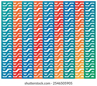 Um padrão gráfico repetitivo em tons de gradiente de arco-íris (verde, azul, vermelho, laranja) com curvas alinhadas verticalmente, oferecendo uma estética vibrante, fluida e moderna.