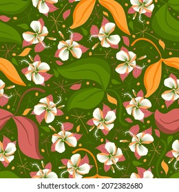 Repetitive graphic swatch pattern of flowery design elements. Polynesian hibiscus shoeblackplant flowers with allover continuity. Create and print to decor upholstery, wedding cards, wrapping, wall.