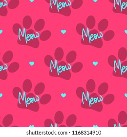 Repetitive heart, silhouette of cat's footprint and text Meow. Cute seamless pattern. Colorful vector illustration.