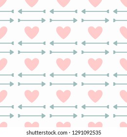 Repetitive hearts and arrows. Romantic seamless pattern. Cute girly print. Simple vector illustration.