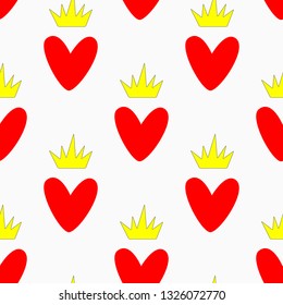Repetitive hearts with crowns. Cute seamless pattern. Simple vector illustration.