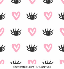 Repetitive hearts and eyes with eyelashes drawn by hand with a rough brush. Cute seamless pattern. Sketch, watercolor, grunge. Simple vector illustration. White, black, pink.