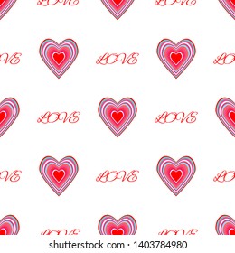 Repetitive hearts and text Love. Romantic seamless pattern. Cute vector illustration.