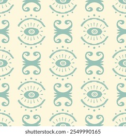 Repetitive Ikat Pattern with Eye Motifs and Swirling Accents in Soft Mint Green Abstract and Decorative Design for Textiles, Wallpaper, and Home Decor