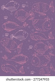 repetitive and line,beautiful pattern with decorative pink fish on a lilac background