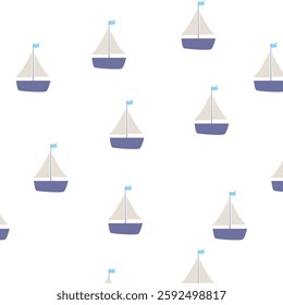 A repetitive nautical pattern featuring simple sailboats with blue flags on a white background, perfect for fabrics, wallpapers, and children designs. 