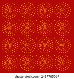Repetitive orange colored Dotted circular pattern Against Red background. Can be used as fabric pattern, cushion pattern, as wallpaper and wrapping paper.