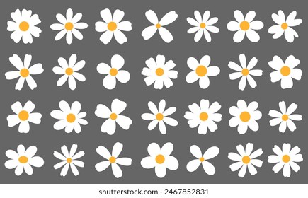 A repetitive and orderly pattern of white daisies with sunny yellow centers pop against a modern gray backdrop, exuding a clean aesthetic.