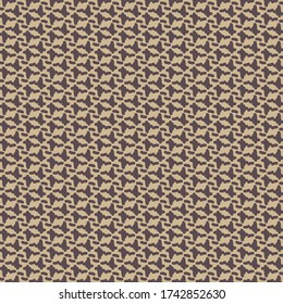 Repetitive pattern with alternating small spots and dashes. Knit fabric texture. Graphics in dark and light purple shades.