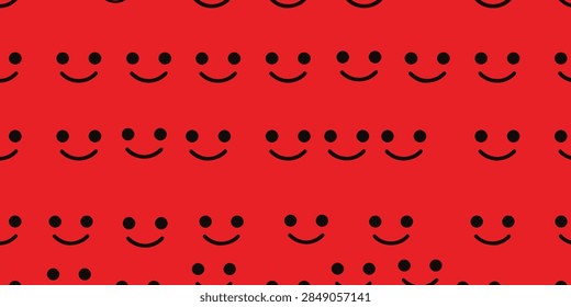 Repetitive pattern of black smiling faces on vibrant red background, emphasizing cheerful and playful mood.