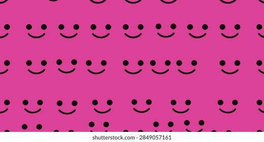 Repetitive pattern of black smiling faces on vibrant pink background, emphasizing cheerful and playful mood.