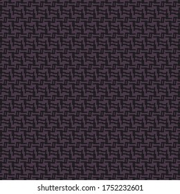 Repetitive pattern with broken lines and simple geometric elements, in purple and indigo. Abstract knit texture. Dark decorative background.