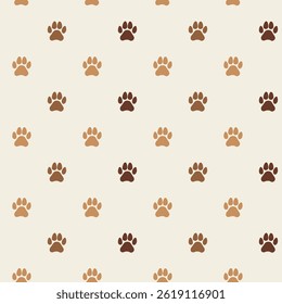 A repetitive pattern of brown paw prints arranged on a beige-colored background, suitable for pet-themed designs, backgrounds, or textiles.