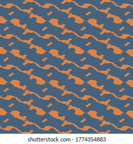 Repetitive pattern composed of broken or looping meander stripes, alternating in blue and orange. Camouflage textile design.