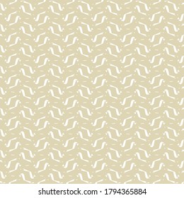 Repetitive pattern composed of ribbon signs dots and dashes. Tile design in white and beige. Wallpaper texture.