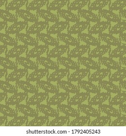 Repetitive pattern consisting of abstract decorative elements hung on a thread. Textile design in green and khaki tones.