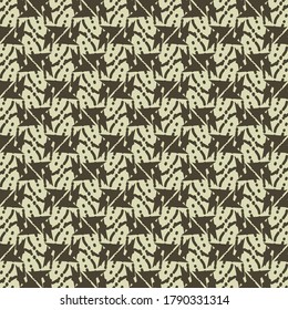 Repetitive pattern consisting of sharp abstract shapes, dots and curved lines. Decorative graphics in brown and gray shades.