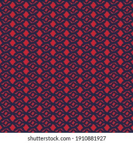 Repetitive pattern, consisting of simple geometric and floral elements. Wallpaper texture. Artwork in blue and red.