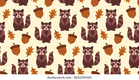 A repetitive pattern featuring adorable brown raccoons paired with acorns and orange oak leaves in a whimsical autumn style
