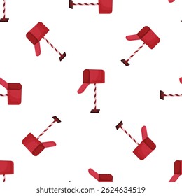 Repetitive pattern featuring red mailboxes with open doors, ideal for postal service, communication, or delivery related designs
