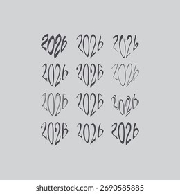 Um padrão repetitivo apresentando o ano de 2026 em um estilo esboçado.