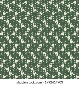 Wiederholtes Muster in Grün und Weiß, bestehend aus abstrakten Zeichen und stumpfen Pflastern. Schleifpapier. Textildesign.