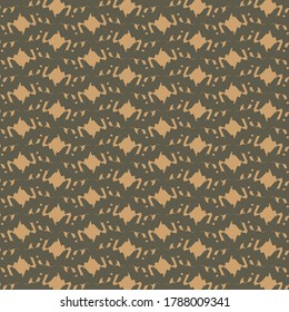Repetitive pattern made of some signs and small rhomboid patches. Abstract knit texture. Decorative graphics in brown and beige.