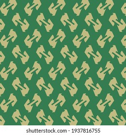 Wiederholtes Muster auf grünem Hintergrund, bestehend aus beigen abstrakten Symbolen. Textildesign.