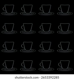 Um padrão repetitivo de xícaras de café esboçadas em pires é exibido contra um fundo escuro. Os copos são uniformemente espaçados em uma formação de grade, contribuindo para um design minimalista e moderno.