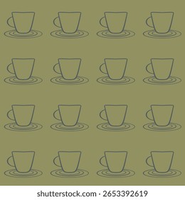 Um padrão repetitivo de xícaras e pires contornados é exibido em linhas contra um fundo verde-oliva. O design de linha simples cria uma estética moderna e minimalista.