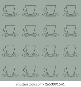 Um padrão repetitivo de desenhos de linha simples de xícaras em discos é definido contra um fundo verde silenciado. Os copos são uniformemente espaçados e alinhados em uma grade.