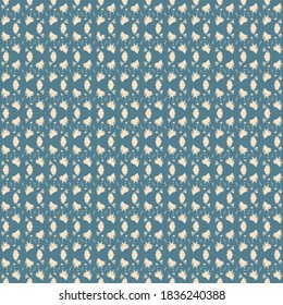 Repetitive pattern, with soft floating shapes or with small pinkish abstract elements on a blue background. Textile design.