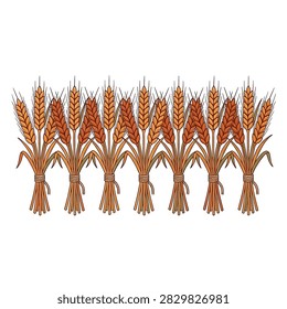 A repetitive pattern of stylized golden wheat sheaves arranged in a row, hand drawn illustration with intricate details and warm autumn tones on a white background.
