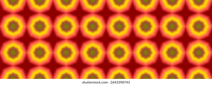 Um padrão repetitivo de formas vibrantes e brilhantes contra um pano de fundo vermelho-escuro, assemelhando-se a uma série de ovais ou olhos iluminados.